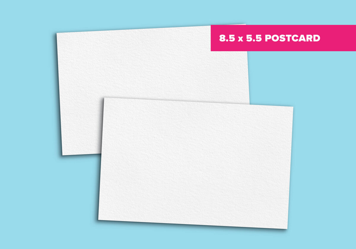 An 8.5 by 5.5 inch direct mail postcard