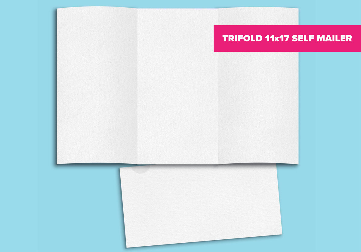 A trifold 11 by 17 inch self-mailer